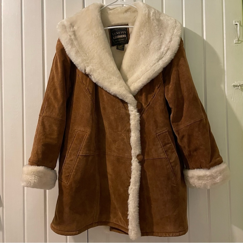 Venezia Brown Suede Coat with Cream Faux Fur Trim